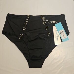 Beach Bunny Ireland High Waist Bikini Bottom Black Gold Ring B18127B9 Size 14